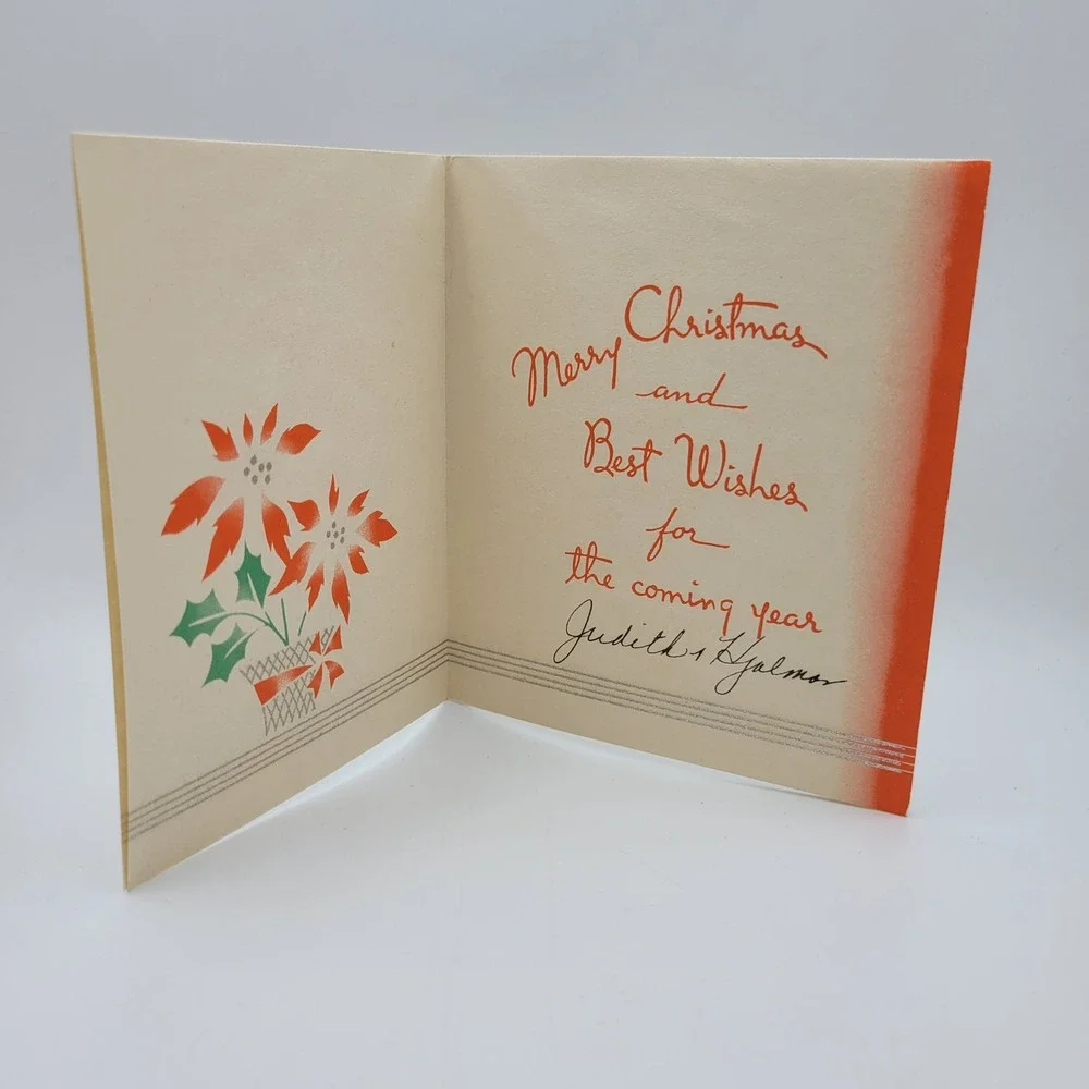 Vintage 1940s Seasons‎ Greetings Christmas Card Poinsettia Art Deco Signed